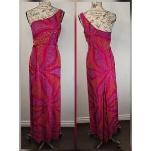 Sean Collection Beaded Gown 100% Silk One Shoulder Pink Sequin Fairytale Maxi